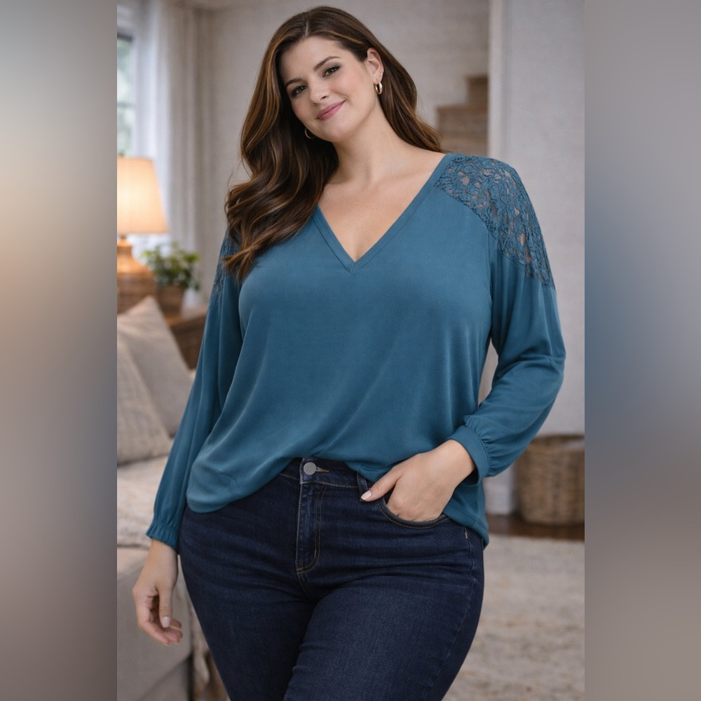 Torrid Teal Lace Shoulder Blouse Womens Size 3X V Neck Flowy Plus Size Top